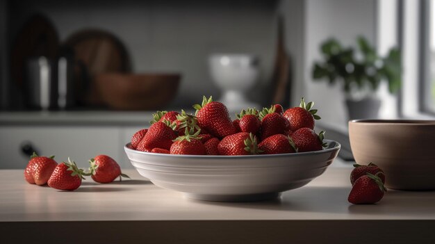 Eine Schüssel mit Erdbeeren auf einem Tisch mit einem Teller mit der Aufschrift „Erdbeeren“ darauf.