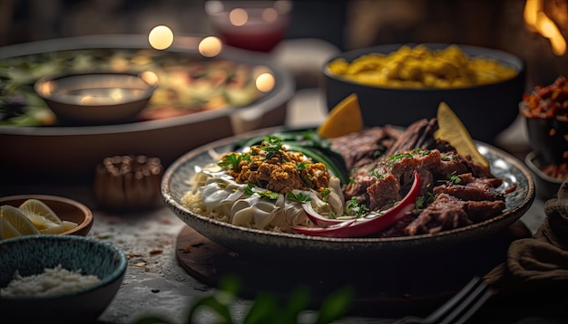 Eine Schüssel mit Essen, auf der ein Teller mit Essen steht