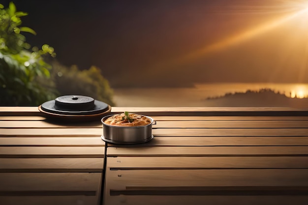 Eine Schüssel mit Essen auf einem Tisch mit Blick auf das Meer im Hintergrund