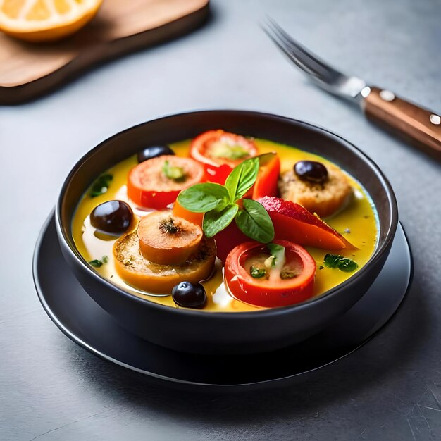 Eine Schüssel mit Essen, daneben ein Messer und eine Schüssel mit Essen mit gelber Soße