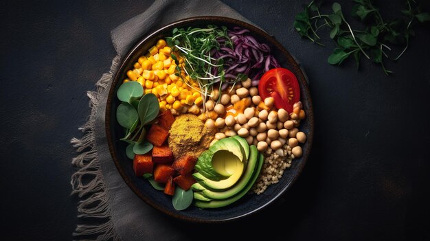 Eine Schüssel mit Essen mit Avocado, Kichererbsen, Kichererbsen und Kichererbsen.