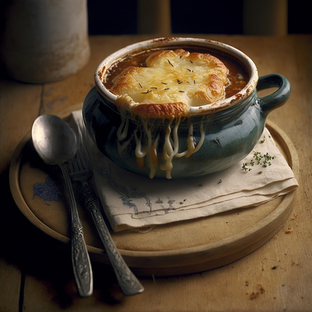 Foto eine schüssel mit essen mit einem löffel auf einem tisch mit einem löffel darauf.