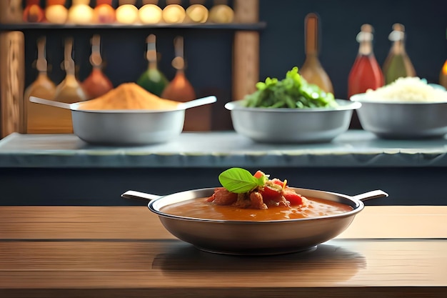 Eine Schüssel mit Essen mit einem Löffel auf einem Tisch vor einer Theke, auf der Schüsseln mit Essen stehen.