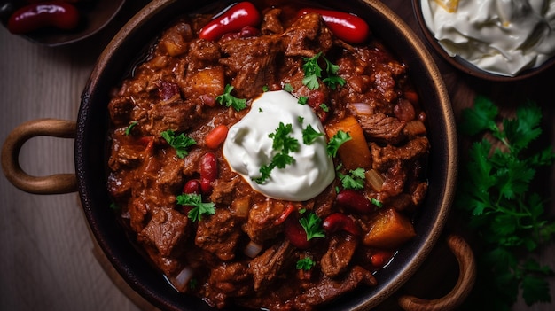 Eine Schüssel mit Essen mit einem Löffel und einer Flasche Wein.