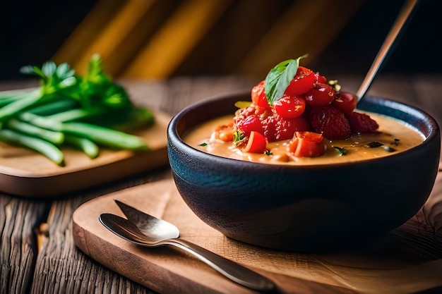 eine Schüssel mit Essen mit einem Löffel und Löffel auf einem Holztisch.