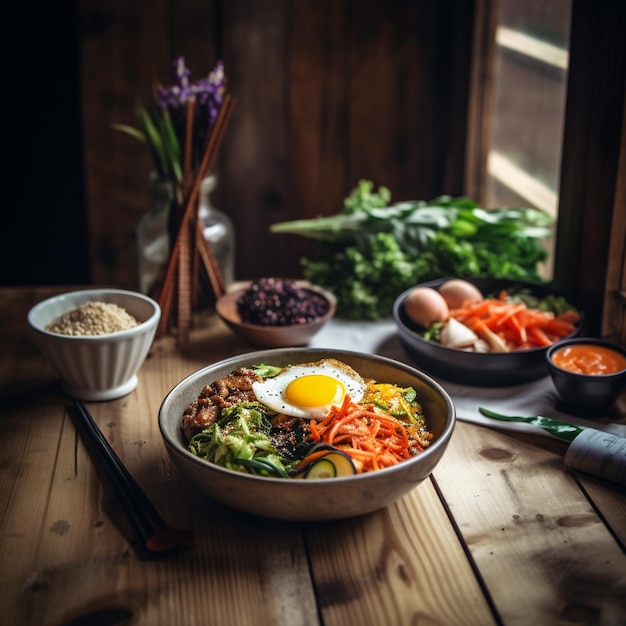 Eine Schüssel mit Essen mit einem Spiegelei darauf