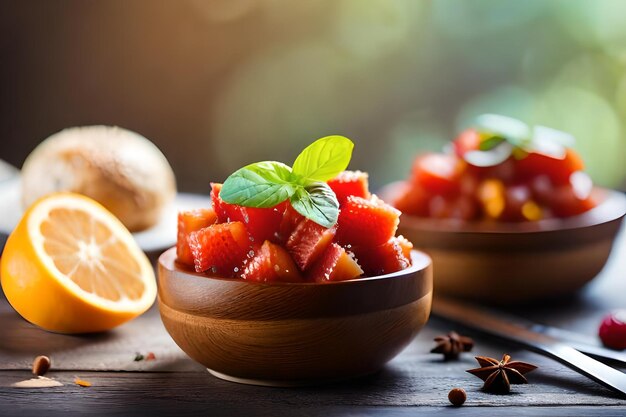 Eine Schüssel mit Essen mit einer Fruchtscheibe im Hintergrund