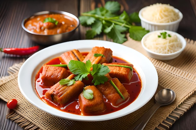 Eine Schüssel mit Essen mit roter Soße und eine Schüssel Bohnen.