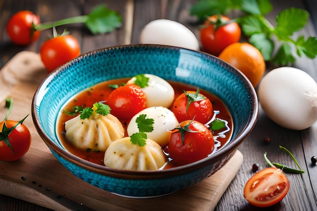 eine Schüssel mit Essen mit Tomaten und Auberginen.