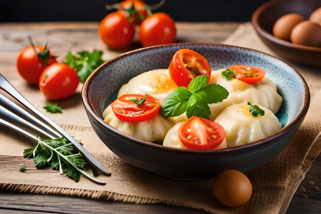 eine Schüssel mit Essen mit Tomaten und Basilikum