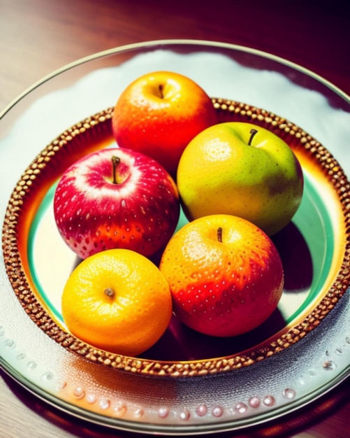 Eine Schüssel mit Früchten, einschließlich eines der Äpfel, hat einen roten Apfel