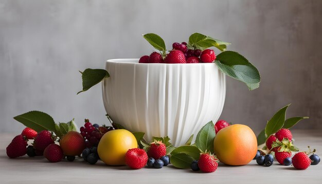 eine Schüssel mit Früchten sitzt auf einem Tisch mit einem Bündel Beeren im Hintergrund