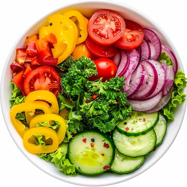 eine Schüssel mit Gemüse, darunter Paprika, Tomaten, Gurken und Gurken