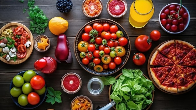 eine Schüssel mit Gemüse und Obst auf einem Holztisch