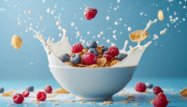 Eine Schüssel mit Getreide, frischen Beeren und Milch fließt von oben aus. Blauer Hintergrund.