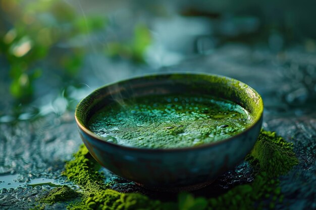 Foto eine schüssel mit grüner flüssigkeit auf einer moosigen oberfläche, die für natur- oder wissenschaftsthemen geeignet ist