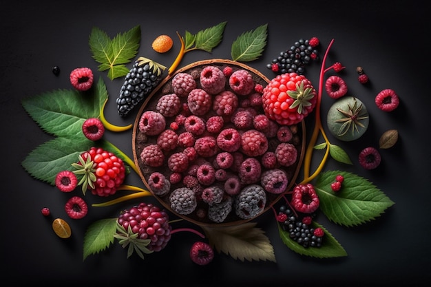 Eine Schüssel mit Himbeeren und anderen Früchten auf schwarzem Hintergrund