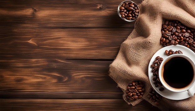 eine Schüssel mit Kaffeebohnen auf einem hölzernen Hintergrund mit einem Platz für Text