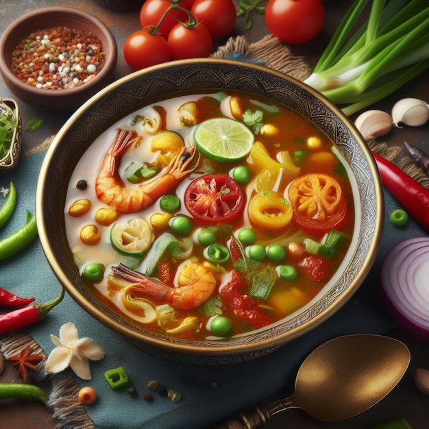 Eine Schüssel mit lebendiger Tom-Yum-Suppe voller Garnelen, Pilze und Gemüse, die in einer goldenen Schüssel serviert werden