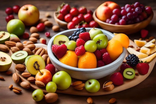 Eine Schüssel mit Nüssen und Früchten auf einem Holztisch