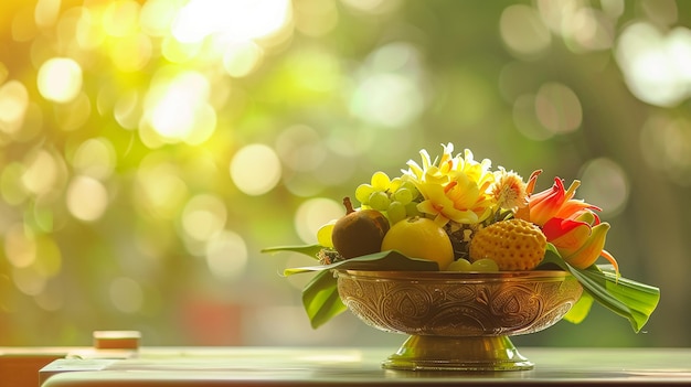 eine Schüssel mit Obst mit einem Blumenarrangement im Hintergrund Grüße für das Vishu-Festival