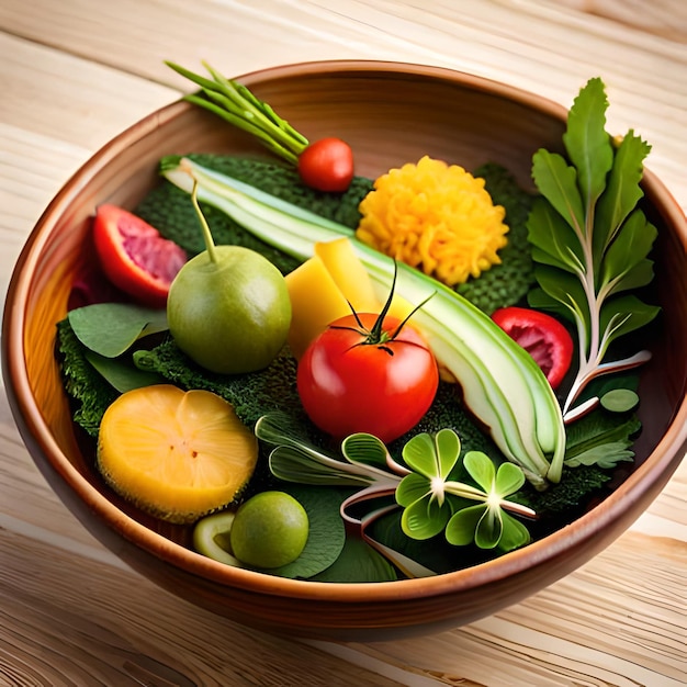 Eine Schüssel mit Obst und Gemüse, darunter Gurke, Tomate und anderes Gemüse.