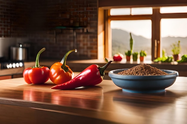 Eine Schüssel mit roten Paprika steht auf einer Arbeitsplatte neben einer Schüssel mit gemahlenem Kaffee.