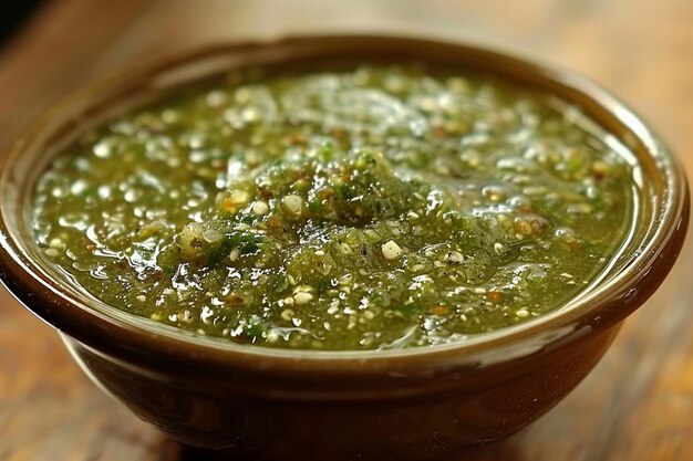 Eine Schüssel mit scharfem Tomatillo-Salsa Verde zum Dressen von Chilaquiles