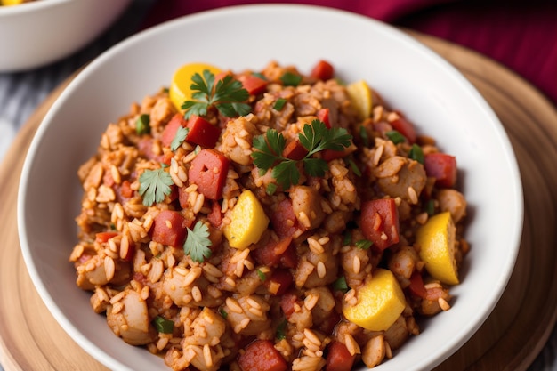 Eine Schüssel mit spanischem Reis mit einer roten Serviette als Beilage.