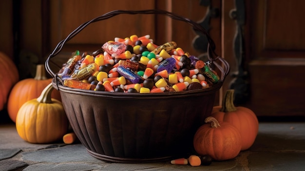 Eine Schüssel mit Süßigkeiten steht auf einem Tisch neben einem Kürbis.