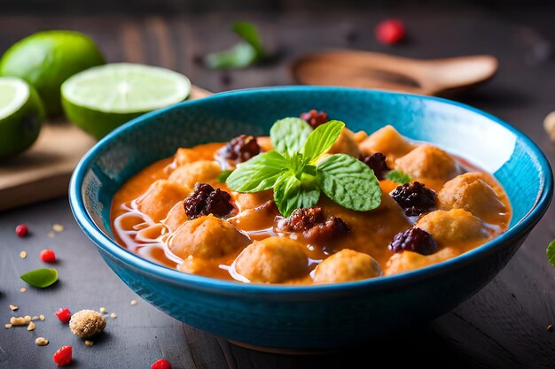 Eine Schüssel mit thailändischem Essen mit Limette und Gewürzen als Beilage