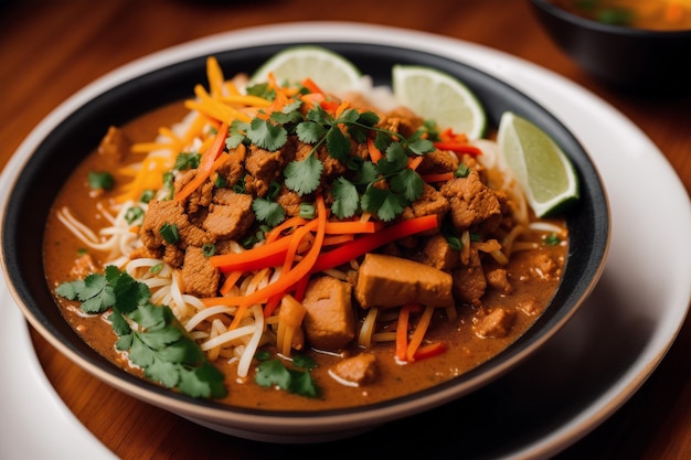 Eine Schüssel mit thailändischem Essen mit roter Soße und einer grünen Limettenscheibe als Beilage.