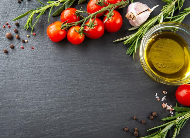 Eine Schüssel mit Tomaten, Kräutern und Gewürzen auf schwarzem Hintergrund.