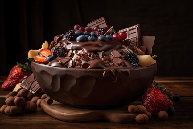 Eine Schüssel mit verschiedenen Früchten und Nüssen, überzogen mit dekadenter Schokolade, hergestellt mit generativer KI
