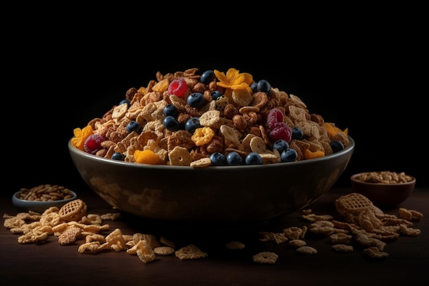 Eine Schüssel Müsli mit Blaubeeren und Rosinen auf dunklem Hintergrund.