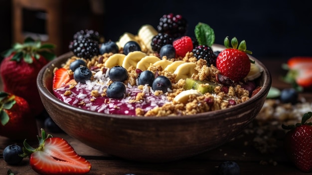 Eine Schüssel Müsli mit Früchten darauf