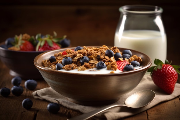 Eine Schüssel Müsli mit Heidelbeeren und Milch