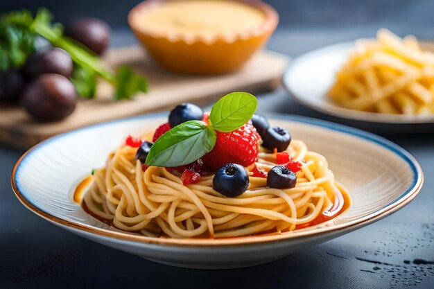 Eine Schüssel Nudeln mit Beeren und Beeren darauf.