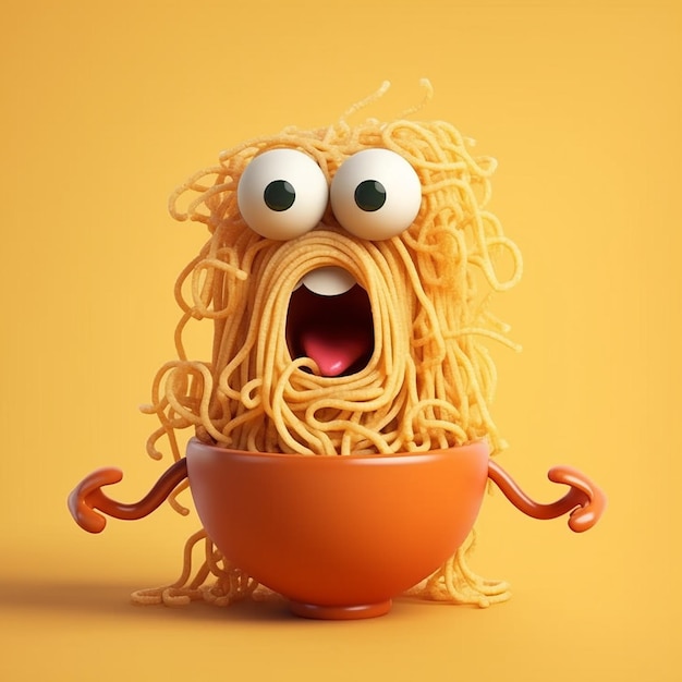 Eine Schüssel Nudeln mit einem Gesicht und Augen, auf denen Spaghetti steht