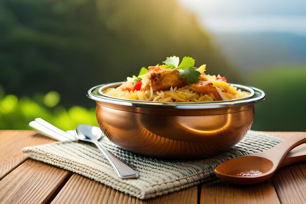 Eine Schüssel Nudeln mit Hühnchen und Gemüse auf einem Tisch