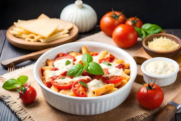 eine Schüssel Nudeln mit Käse und Tomaten auf einem Tisch.