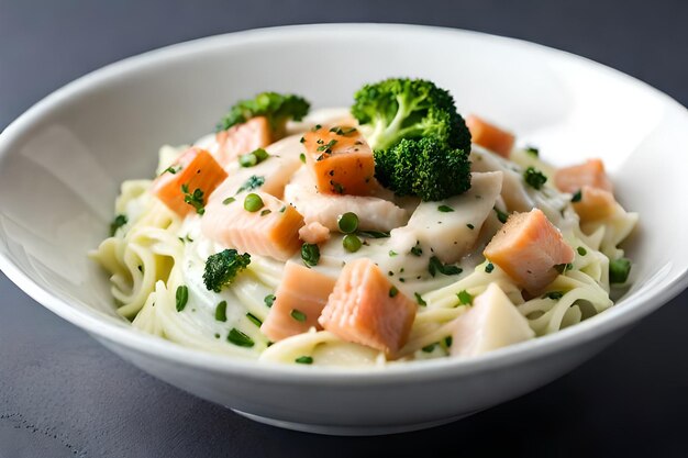 Eine Schüssel Nudeln mit Lachs und Brokkoli darauf