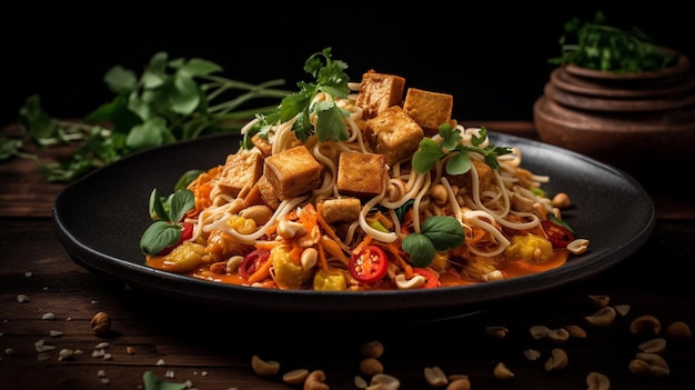 Eine Schüssel Nudeln mit Tofu und Tofu auf dunklem Hintergrund