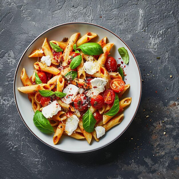 eine Schüssel Nudeln mit Tomaten und Basilikum