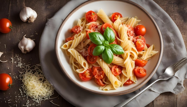 eine Schüssel Nudeln mit Tomaten und Basilikum