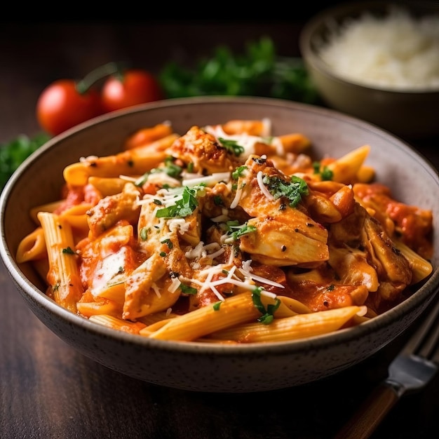 Eine Schüssel Nudeln mit Tomatensauce und einer Tomate