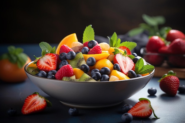 Eine Schüssel Obstsalat mit Minzblättern an der Seite