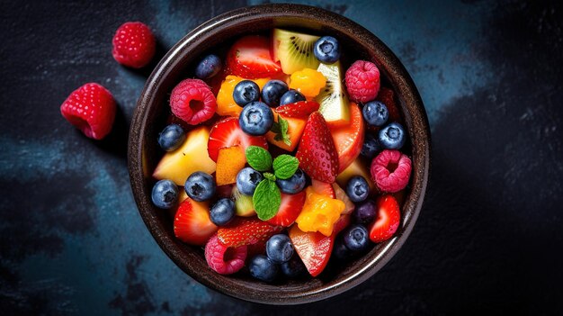 Eine Schüssel Obstsalat mit Minzblättern auf dunklem Hintergrund