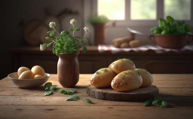 Eine Schüssel Ofenkartoffeln auf einem Holztisch mit einer Küche im Hintergrund. ai generiert