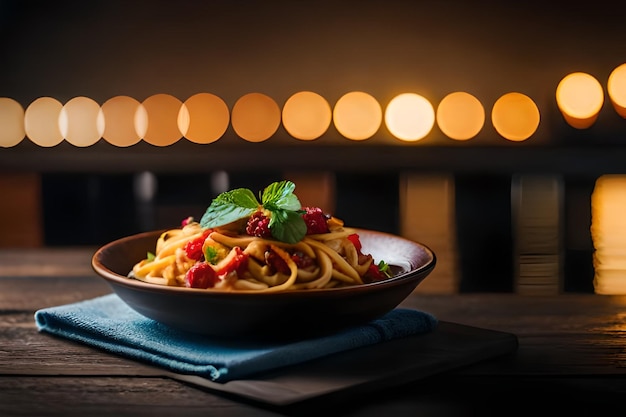 eine Schüssel Pasta mit einer Schüssel Obst auf dem Tisch